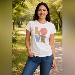 Women's White Short Sleeve Graphic LOVE Tee